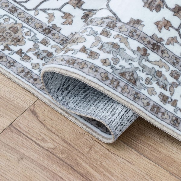 Superbia Boho Medallion Border Non-Slip Machine-Washable Beige/Cream 5 ft. x 8 ft. Area Rug