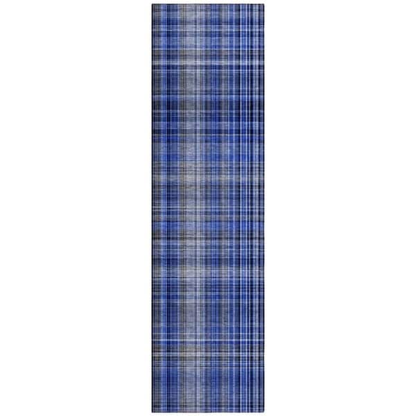 Navy Blue 2 ft. x 8 ft. Woven Plaid Runner Indoor/Outdoor Area Rug