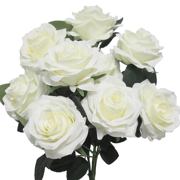 18 in. Deluxe Cream White Artificial Queen Rose Flower Stem Bush Bouquet (Set of 2)
