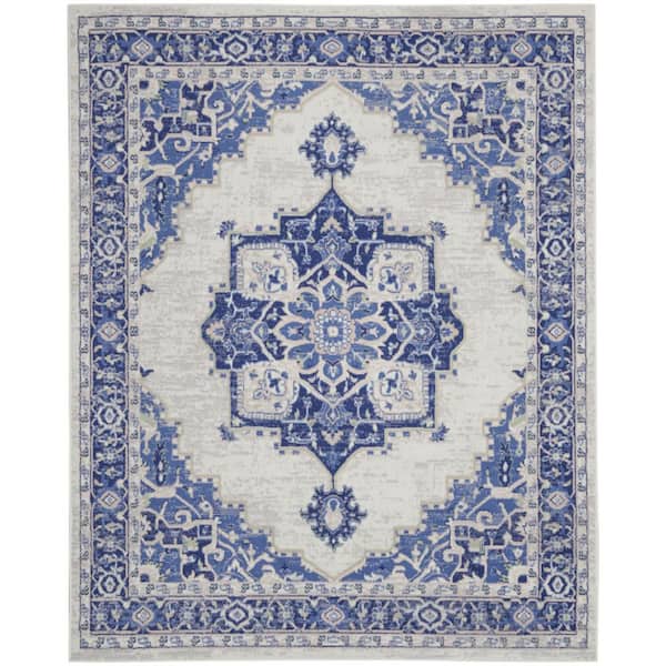 7 ft. x 10 ft. White and Blue Floral Medallion Distressed Non Skid Area Rug