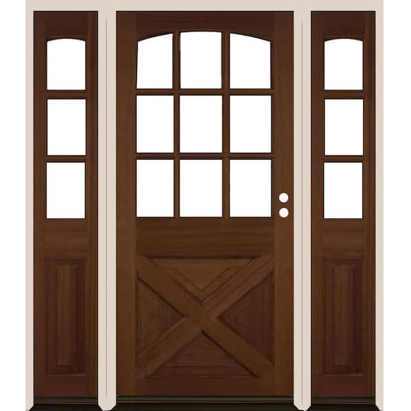 Krosswood Doors 64 in. x 80 in. Farmhouse X Panel LH 1/2 Lite Clear Glass Provincial Stain Douglas Fir Prehung Front Door with DSL
