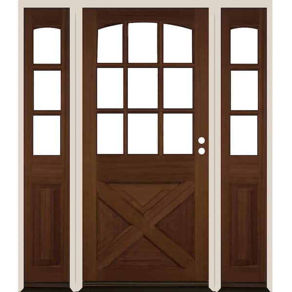 Krosswood Doors 64 in. x 80 in. Farmhouse X Panel LH 1/2 Lite Clear Glass Provincial Stain Hemlock Prehung Front Door with DSL