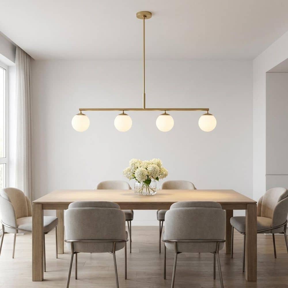 Nube 48 in. W 4-Light Satin Brass Modern Dimmable Linear Chandelier with Milk Glass Globe Shades, Bulbs Included price history on PriceWatchPro