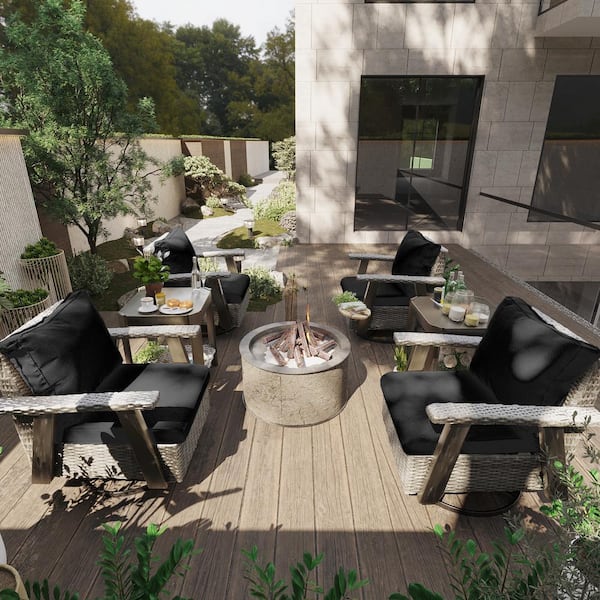 JOYSIDE 6-Piece Wicker Patio Swivel Rocking Chair Conversation Set with Black Cushions
