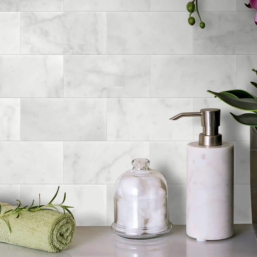 Carrara White Marble Peel and Stick Subway Tile Sheets