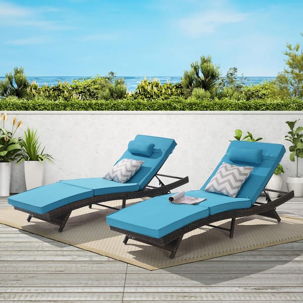 Unbranded (Set of 2) Brown Rattan Wicker Outdoor Chaise Lounge with Light Blue Cushions