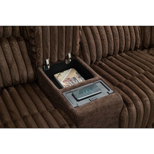 Brown Power Recliner Sectional Sofa with Wireless Charger, USB-C Ports, Faux Fur Fabric, 5-Seat