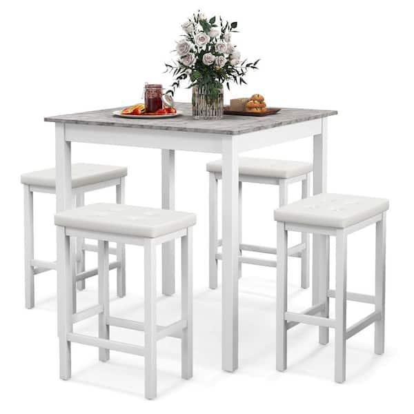 Costway 5-Piece Square White MDF Top Bar Table Set Dining Table and 4 PVC Leather Upholstered Bar Stools Seats 4