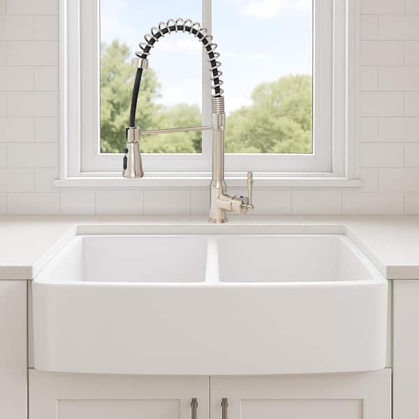 AKDY White Fireclay 33 in. Double Bowl Apron-Front Kitchen
