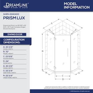 Prism Lux 42 in. x 42 in. x 74.75 in. Frameless Hinged Corner Shower Enclosure in Chrome and Shower Base