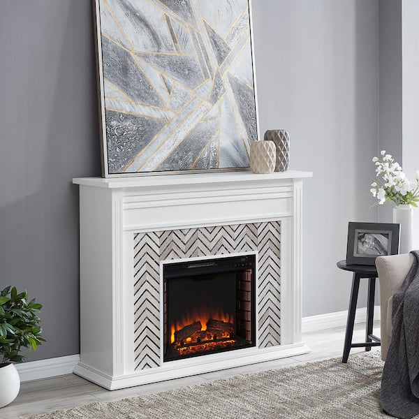 Merrin Tiled Marble 50 in. Electric Fireplace in White and Gray