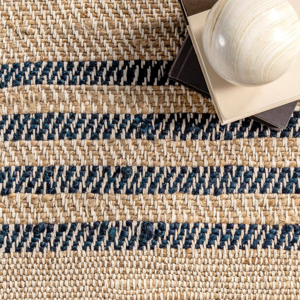 Natural Jute Flatwoven Area Rug with Blue Stripes, 5' x 8'