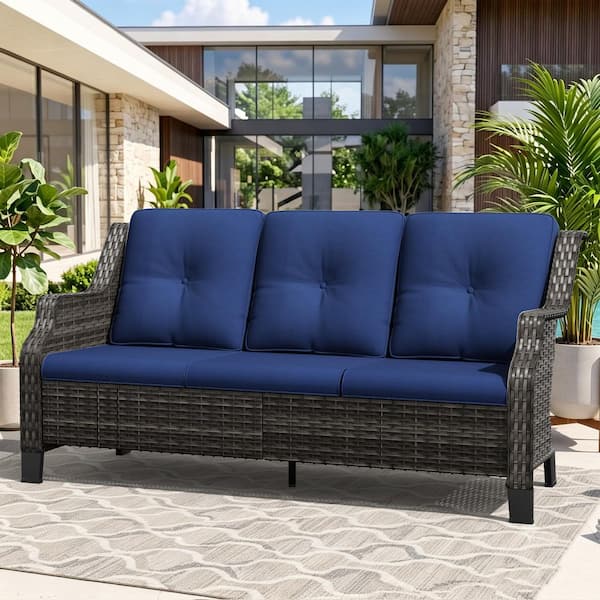 3-Seat Wicker Outdoor Patio Sofa Sectional Couch with Blue Cushions