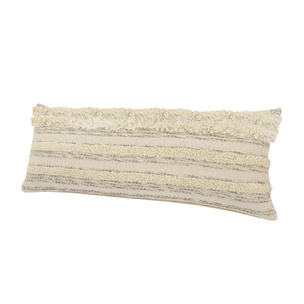 Cream and Gray Rectangular Luxury Throw Pillow with Gold Thread, 14 x 36 inches