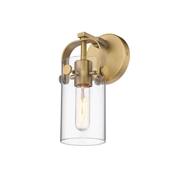 Pilaster II Cylinder 1-Light Brushed Brass Wall Sconce with Clear Glass Shade