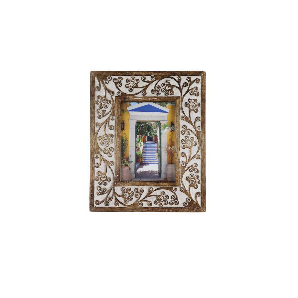 Hand-Carved White and Brown Wood 5x7 Photo Frame