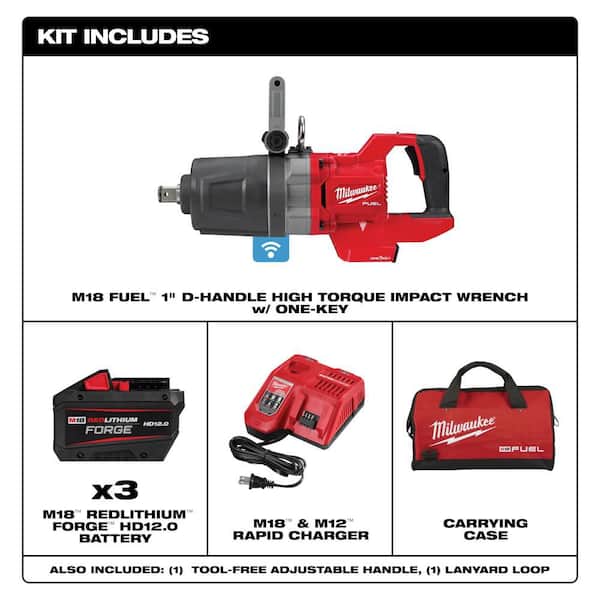 M18 FUEL 18V Lith-Ion Brushless Cordless 1 in. Impact Wrench w/ D-Handle Kit w/ Three 12.0 Ah Batteries