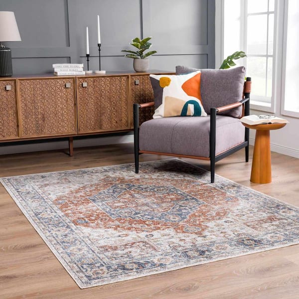 Akram 3 ft. X 7 ft. Orange, Gray, Beige Oriental Medallion Vintage Distressed Style Machine Washable Runner Rug