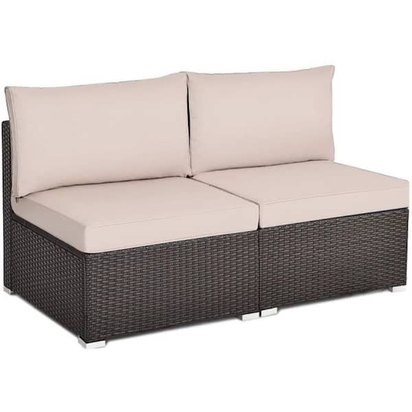 Kadehome (2-Piece) Wicker Outdoor Patio Rattan Armless Sectional Sofa Set with Brown Cushions,Aluminium Feet for Patio and Garden
