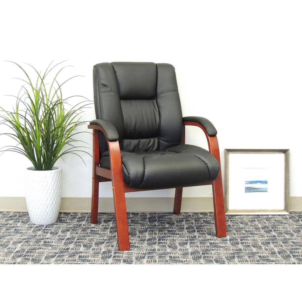 Mid-Back Black CaressoftPlus Guest Chair with Cherry Wood Finish