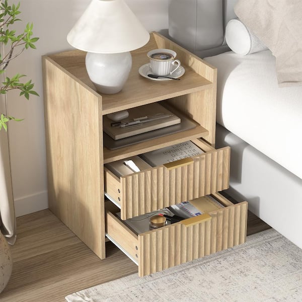 Aupodin Natural Oak 2-Drawer Nightstand with Ribbed Texture