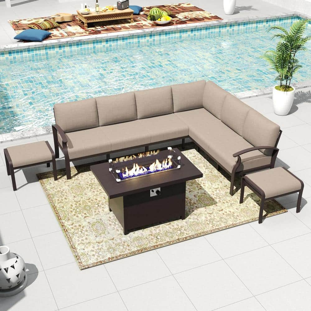 Halmuz 8-Seat Aluminum Patio Conversation Set with Fire Pit Table, Ottoman and Cushion Sand