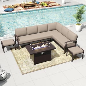 8-Seat Aluminum Patio Conversation Set with Fire Pit Table, Ottoman and Cushion Sand