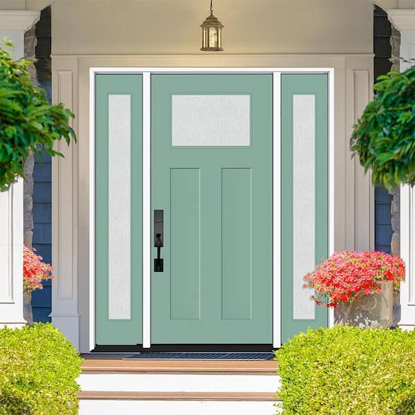 Legacy 64 in. x 80 in. 1/4-Toplite Rain Glass LHOS Quarry Finish Fiberglass Prehung Front Door with Dbl 12 in. SL