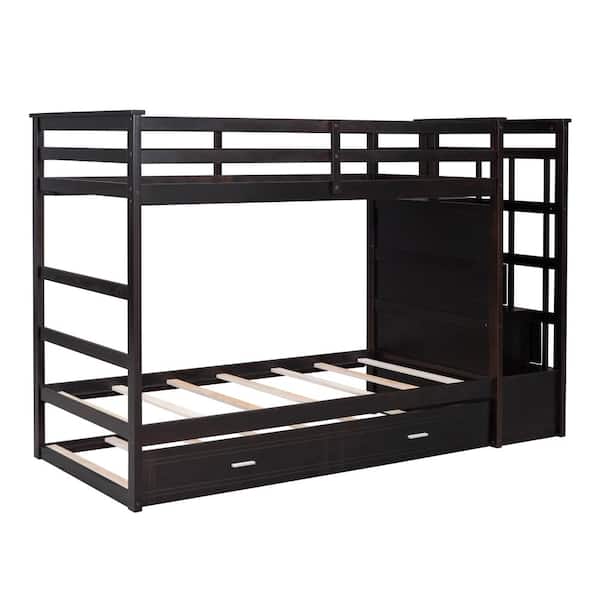 UOI Espresso Twin Over Twin Bunk Bed with Staircase, Trundle & Storage ...