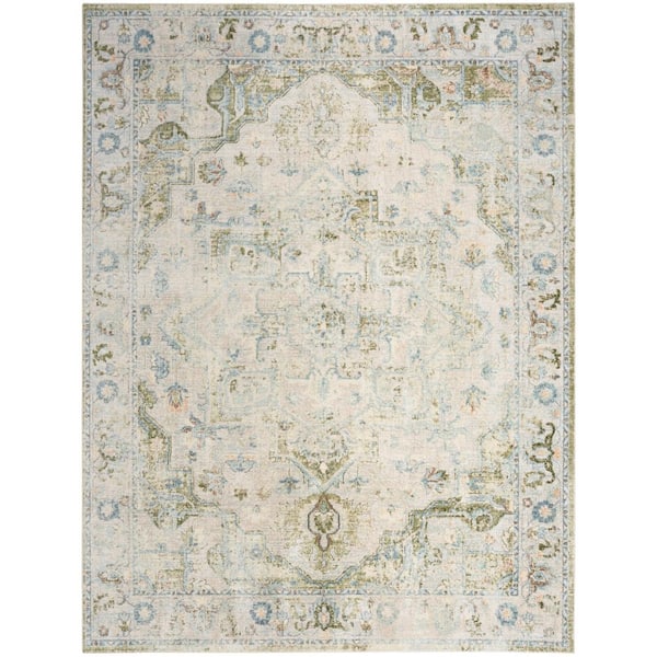Nourison Astra Machine Washable Blue Green 9 ft. x 12 ft. Center medallion Traditional Area Rug