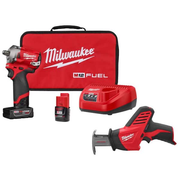 Milwaukee M12 FUEL 12V Lithium-Ion Brushless Cordless Stubby 1/2 in. Impact Wrench Kit w/M12 HACKZALL Reciprocating Saw