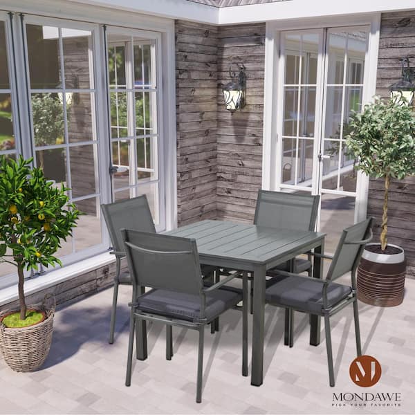 Mondawe 5-Piece Aluminum Frame Rectangular Outdoor Dining Set with Gray Cushion and Textilene Backrest