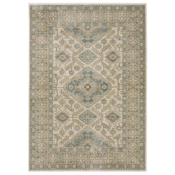 Maco Beige/Blue 10 ft. x 13 ft. Geometric Border Medallion Polypropylene Fringe-Edge Indoor Area Rug