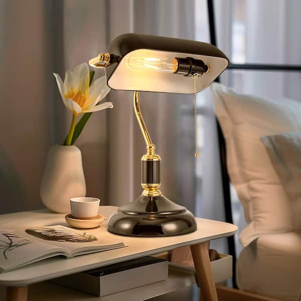 YANSUN 15 in. Classic Black Glass Bankers Desk Lamp with Gold