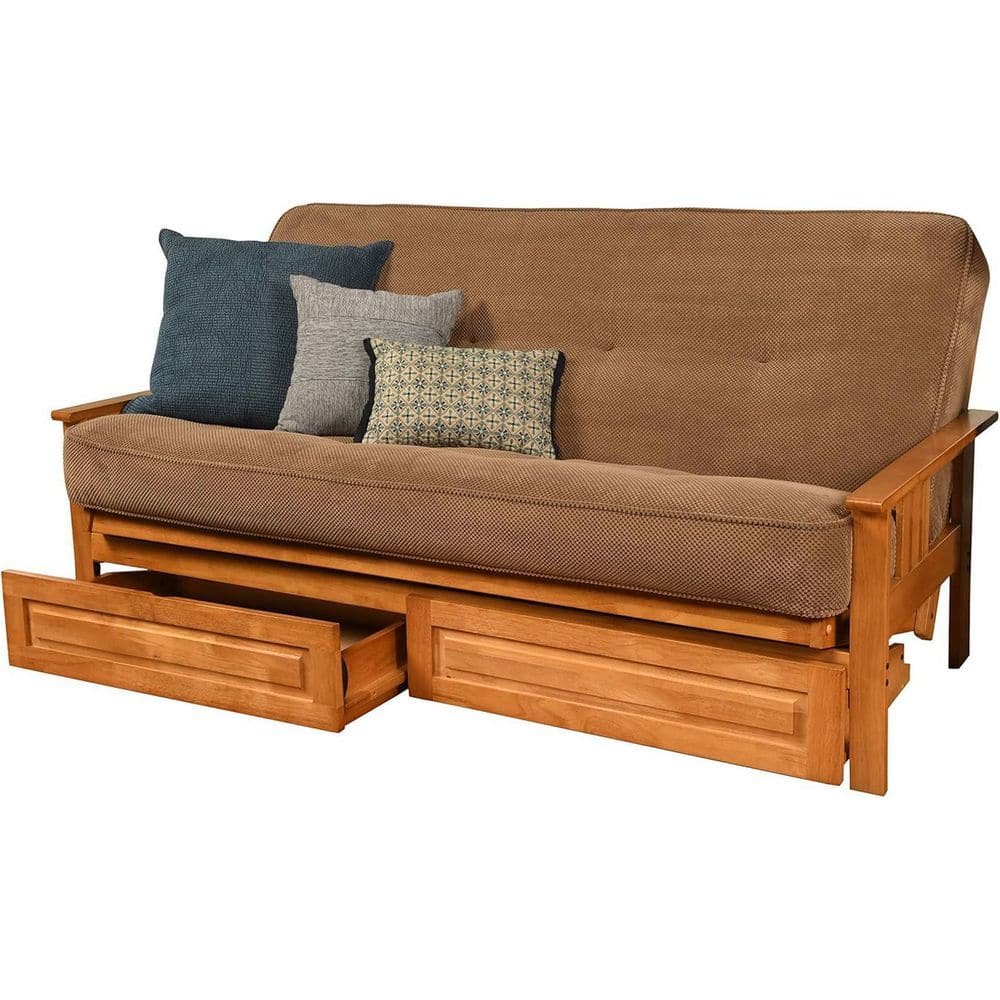 79 in. Butternut/Marmont Mocha Polyester Upholstered Full Size Futon Set with Mattress and Storage Drawers
