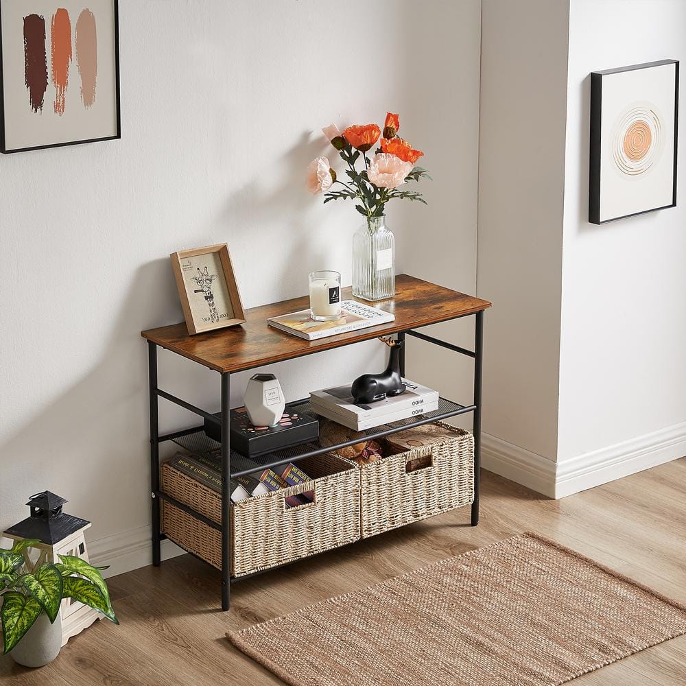 VECELO 32.4" Industrial 3-Tier Console Table with 2 Straw Storage Baskets, Sofa Table with Mesh Shelf for Living Room, Stable Metal Frame for Living Room, Brown