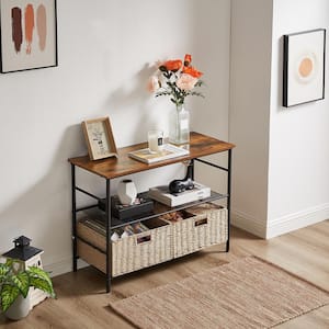 32.4 in. Industrial 3-Tier Console Table with 2 Straw Storage Baskets, Sofa Table with Mesh Shelf For Living Room, Brown
