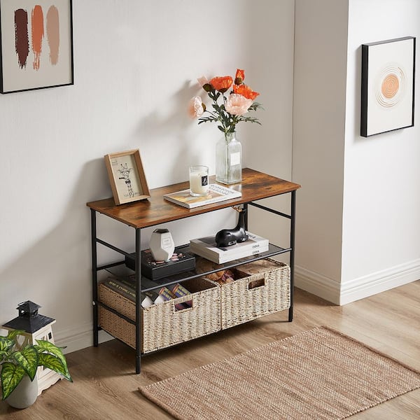 32.4 in. Industrial 3-Tier Console Table with 2 Straw Storage Baskets, Sofa Table with Mesh Shelf For Living Room, Brown