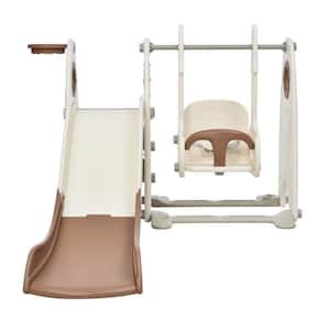 Brown 4 in 1 Toddler Slide and Swing Freestanding Playset with Basketball Hoop