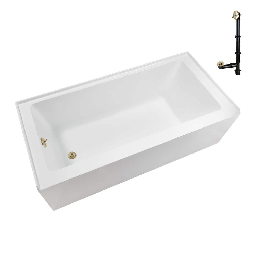 Glossy White Acrylic Alcove Bathtub with Polished Brass Drain
