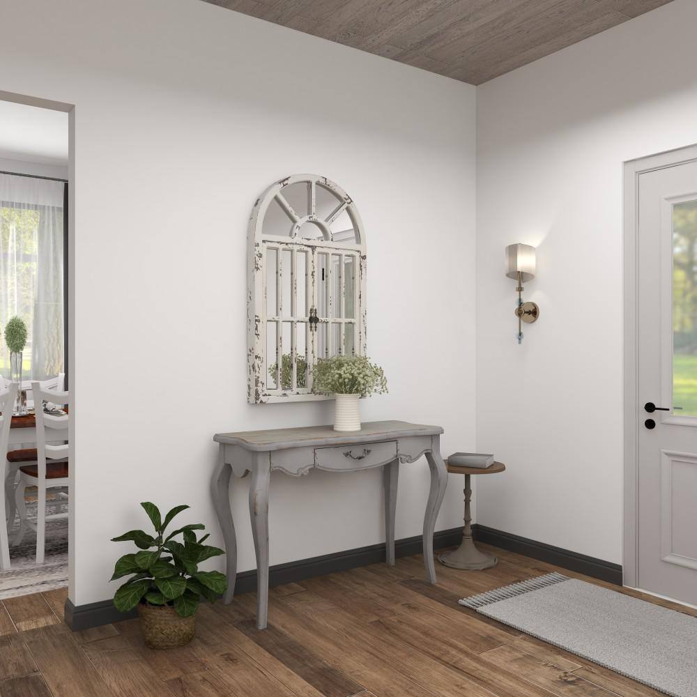Vintage Farmhouse 26x46 Distressed White Wooden Arched Wall Mirror