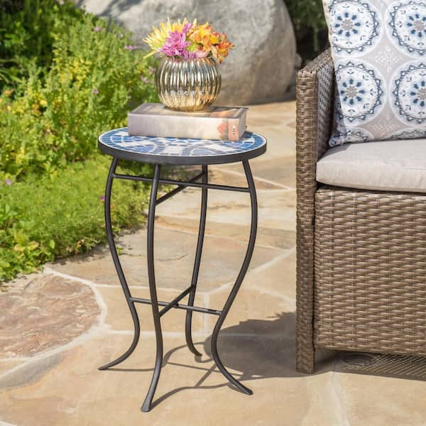 ストーンエンドテーブルS-IV FPB302 Black Round Metal 21.4 in. H Outdoor Side Table with Ceramic Tile