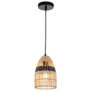 1-Light Black Finish Natural Rattan Basket Pendant Light