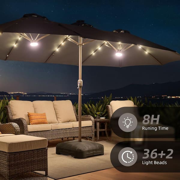 black rectangle patio umbrella Caodoc 15 ft. Metal Market Rectangle Outdoor Patio Umbrella in Black with Base & Solar Lights for Poolside Bench Backyard