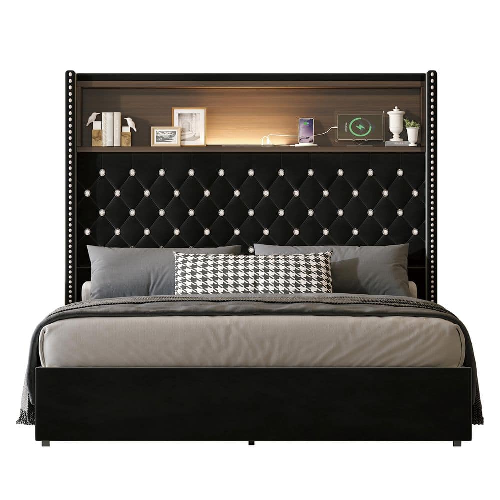 Nardel Black Velvet Tufted Upholstered Wood Frame Full Platform Bed with Wing-back Headboard, USB Port and Night Light price history on PriceWatchPro