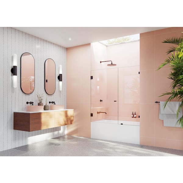 Glass Warehouse Illume 52 in. W x 58.25 in. H Wall Hinged Frameless Tub Door in Oil Rubbed Bronze with Clear Glass