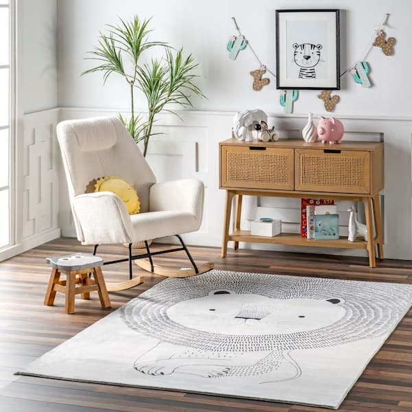 Kinslee Modern Light Gray 4 ft. x 6 ft. Lion Machine Washable Kids Area Rug