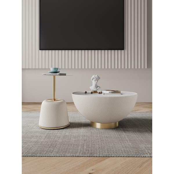 Manhattan Comfort Anderson 28.15 in. Cream Round Leatherette Upholstered Faux Marble Coffee Table with 15.75 in. End Table