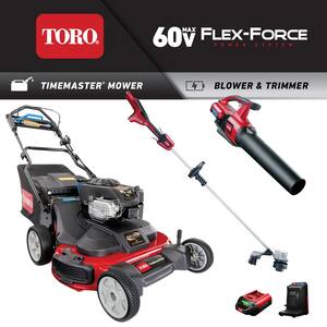 TimeMaster 30 in. 223cc Gas Mower, 60V Leaf Blower & 60V String Trimmer 3-Tool Combo Kit with Charger & 2.5 Ah Battery