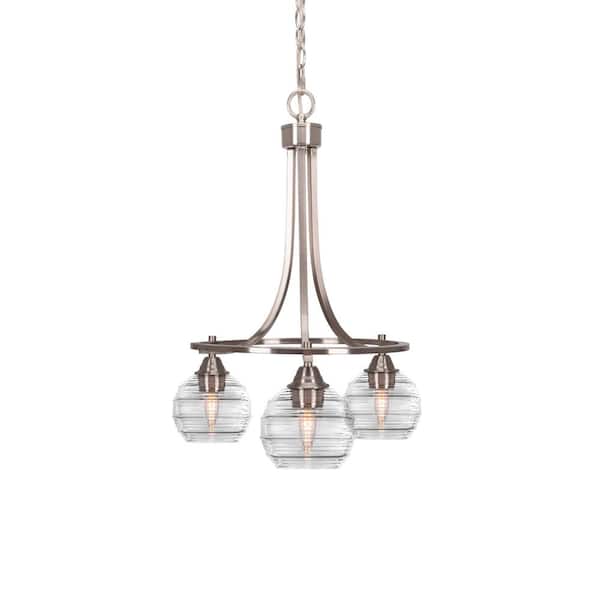 Unbranded Madison 3-Light Brushed Nickel Round Chandelier with 6 in. Clear Ribbed Glass Shades, No bulbs included
